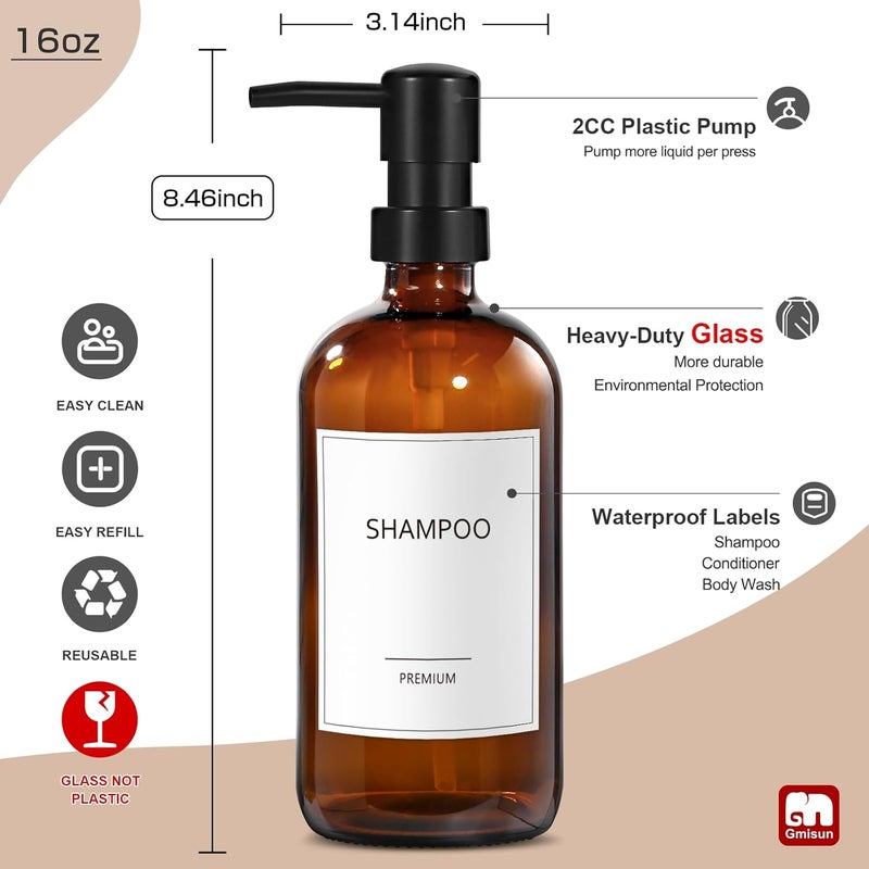 Gmisun Glass Shampoo and Conditioner Dispenser, Shower Soap Dispenser Bottles with Labels, Refillable Shampoo Conditioner Body Wash Dispensers, Amber Glass Soap Pump Dispenser Set for Bathroom Shower - Image 3